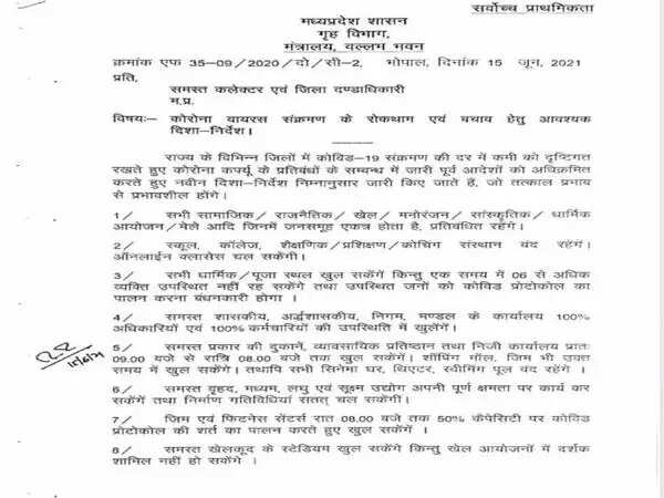 MP : अनलॉक की नई गाइडलाइन जारी : अब शॉपिंग मॉल, रेस्टोरेंट, क्लब, GYM, स्टेडियम को मिली इजाजत 